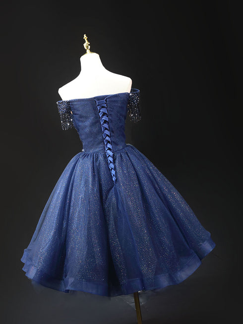 Gothic Royal Blue Off-Shoulder Short Wedding Party Dress - Designer Sequin Gown - Corset Back Wedding Dress Plus Size